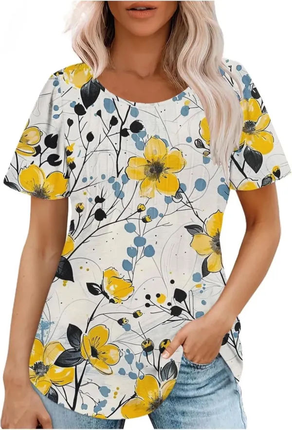 Womens Summer Pleated Front Shirts Tunics Casual Short Sleeved Loose Round Neck Boho Printed Tops Vacation Blouse