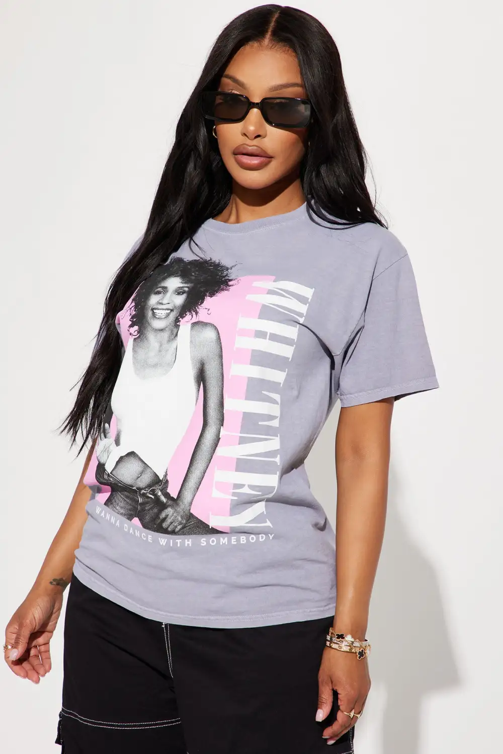 Whitney Houston Washed Short Sleeve Tee - Grey