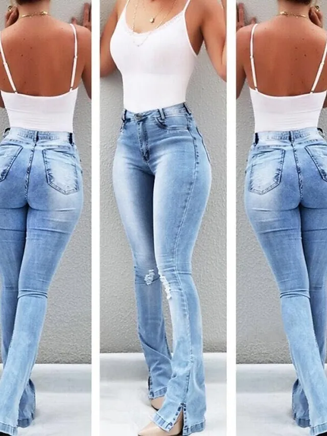 Women's Jeans Bootcut Flared Pants Full Length Denim Split Cut Out Micro-elastic Mid Waist Fashion Casual Weekend Light Blue Black S M