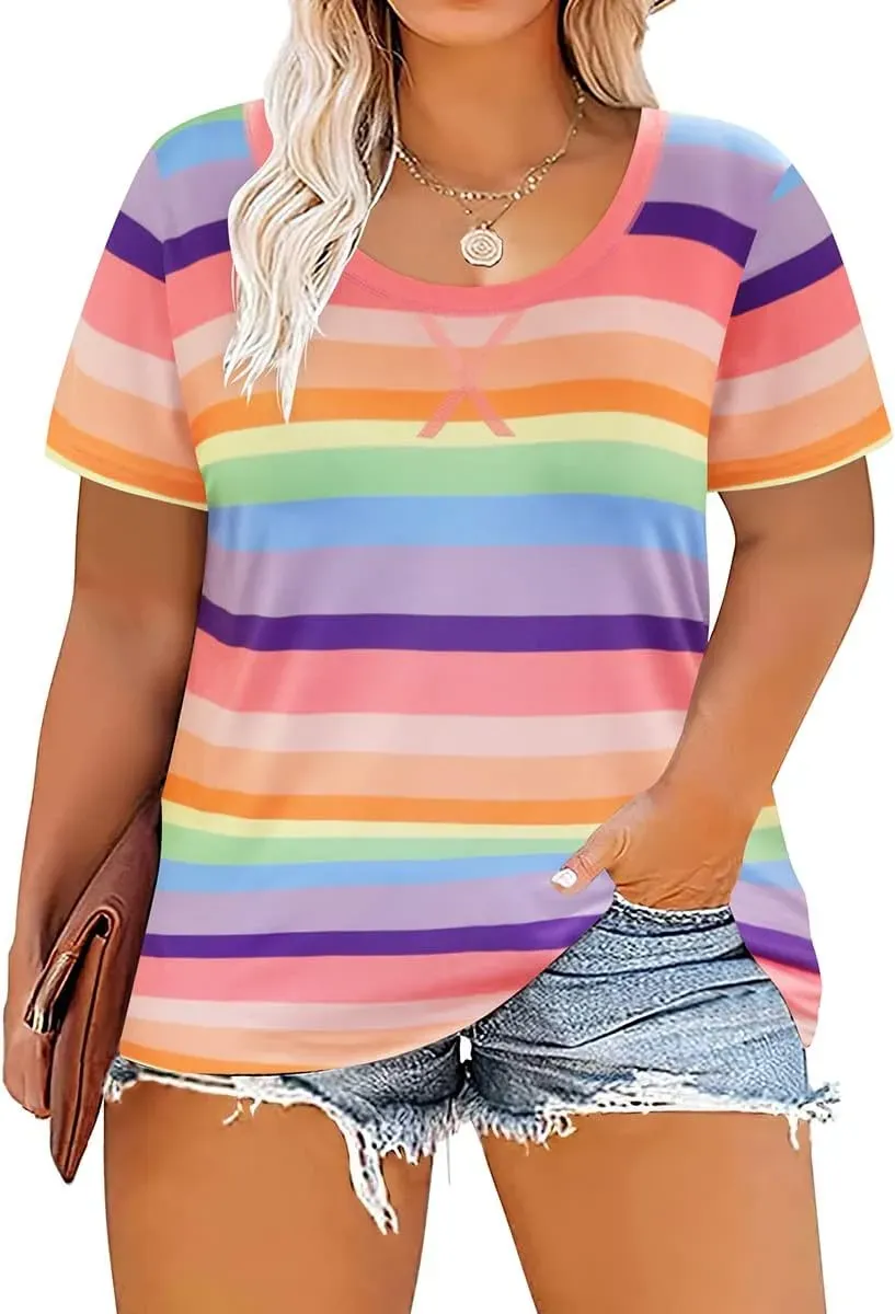 TIYOMI Plus Size T Shirt for Women Short Sleeve Tunic Cross Line Shirts Round Neck Tops Summer Blouse XL-5XL 14-28