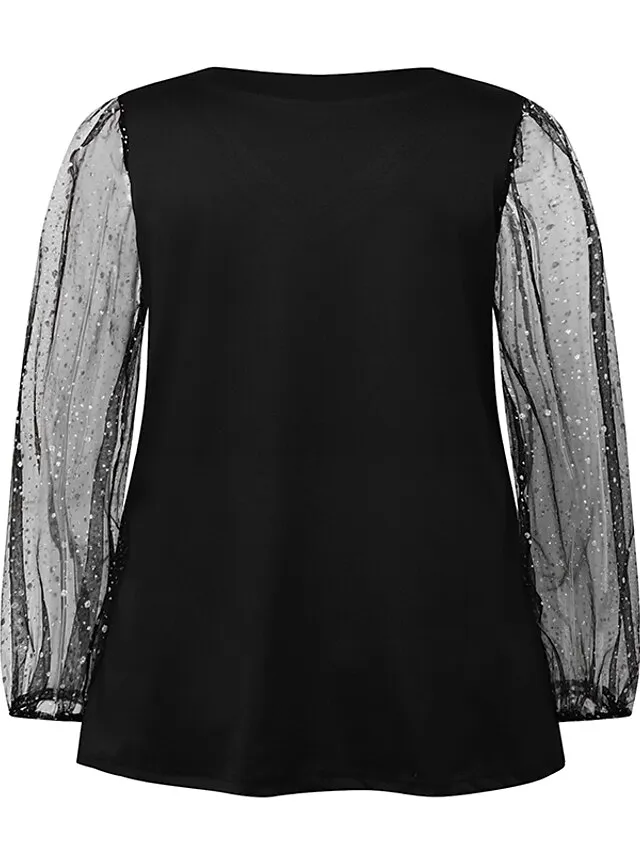Women's Plus Size Going Out Tops Blouse Concert Tops Black Wine Dark Blue Plain Sparkly Mesh Rhinestone Long Sleeve Daily Date Vacation Vintage Fashion Elegant V Neck Regular Fit Spring Fall