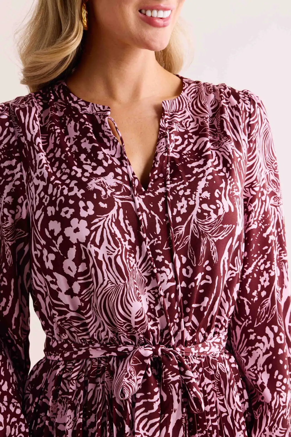 Wine Red Velvet Animal Print Tie-Waist Dress