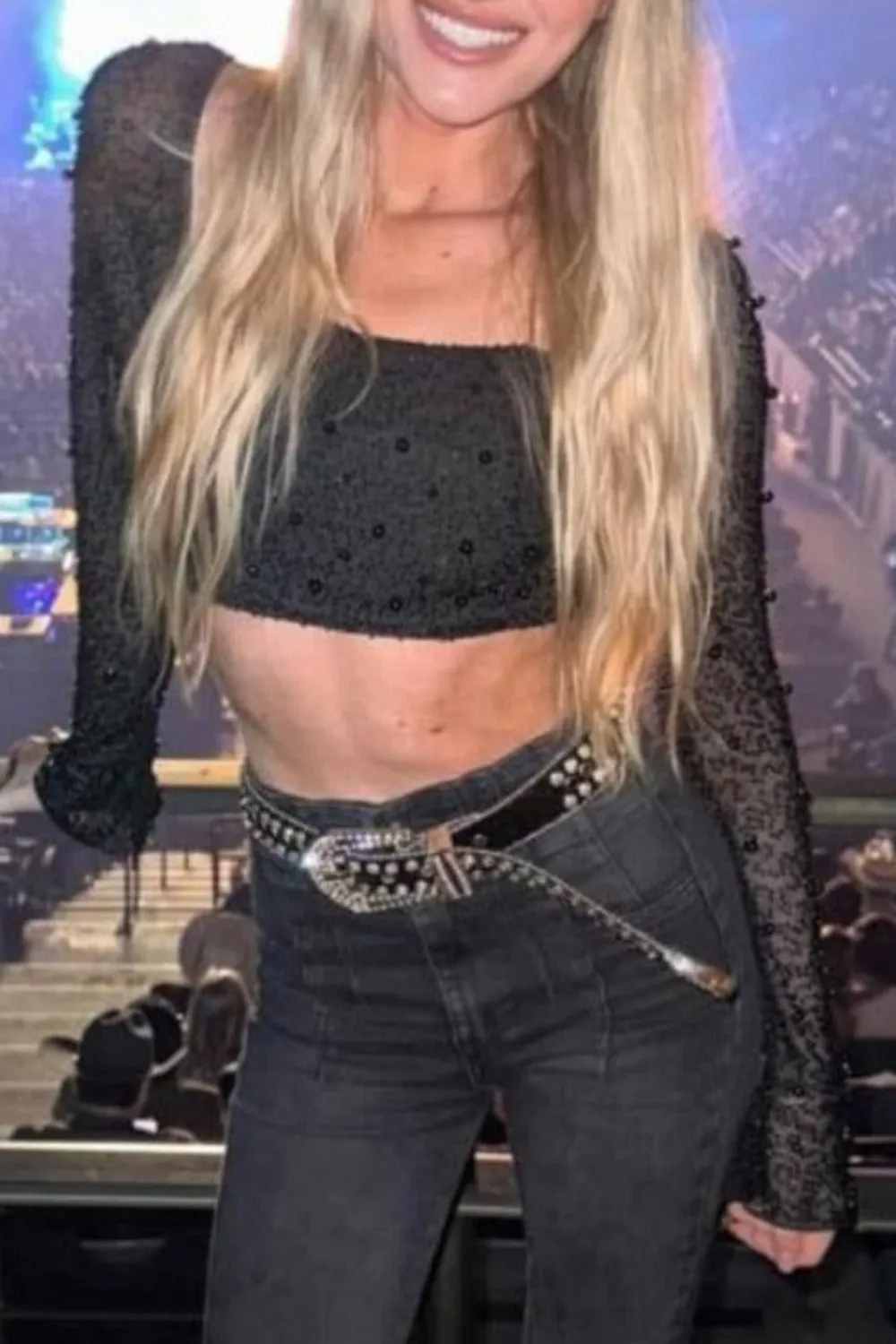 Black Beaded Long Sleeve Crop Top