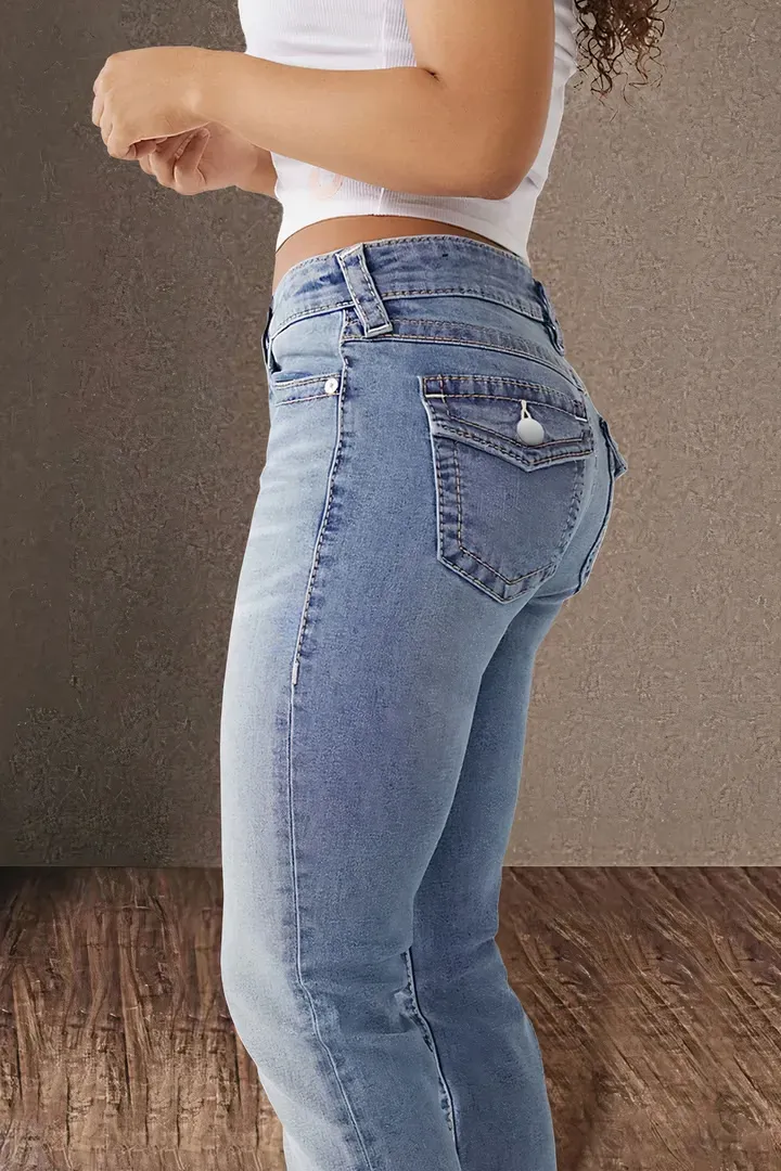 Double Button Mid Waist Straight Leg Jeans