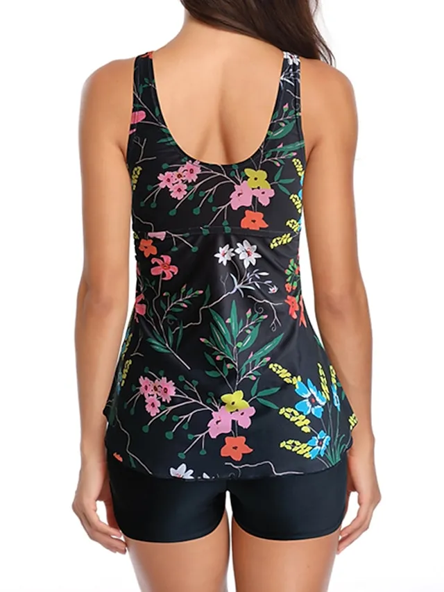 Women's Swimwear Swim Dress 2 Piece Plus Size Swimsuit Open Back Printing Trees / Leaves Tropical Black Pink Blue Purple Green Camisole V Wire Bathing Suits New Vacation Fashion