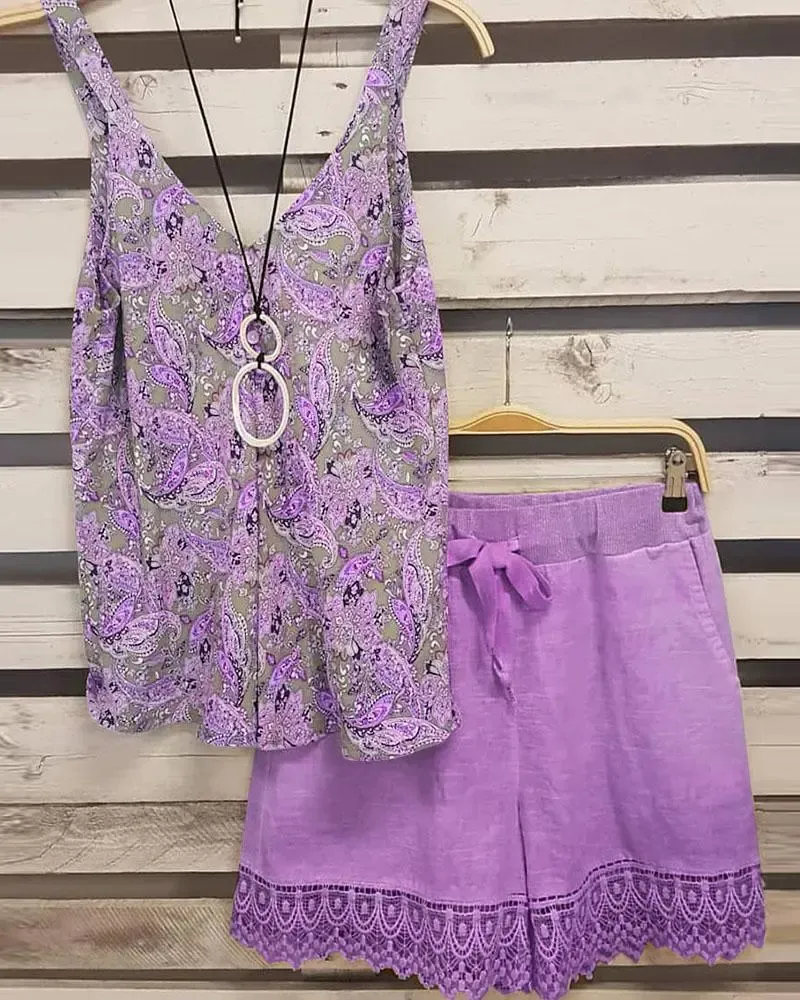 Floral Print V Neck Sleeveless Two Piece Suit