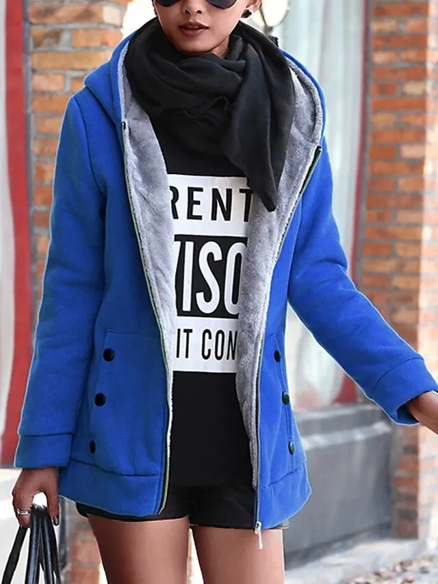 Women's Winter Coat Hoodie Jacket Street Fall Winter Regular Short Coat Regular Fit Windproof Warm Stylish Contemporary Casual Jacket Long Sleeve Plain with Pockets Full Zip Red Blue Green