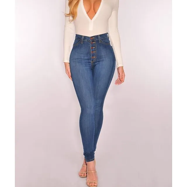 Women's Jeans Pants Trousers Full Length Denim Side Pockets Micro-elastic Mid Waist Fashion Casual Weekend Blue S M Summer Spring &  Fall