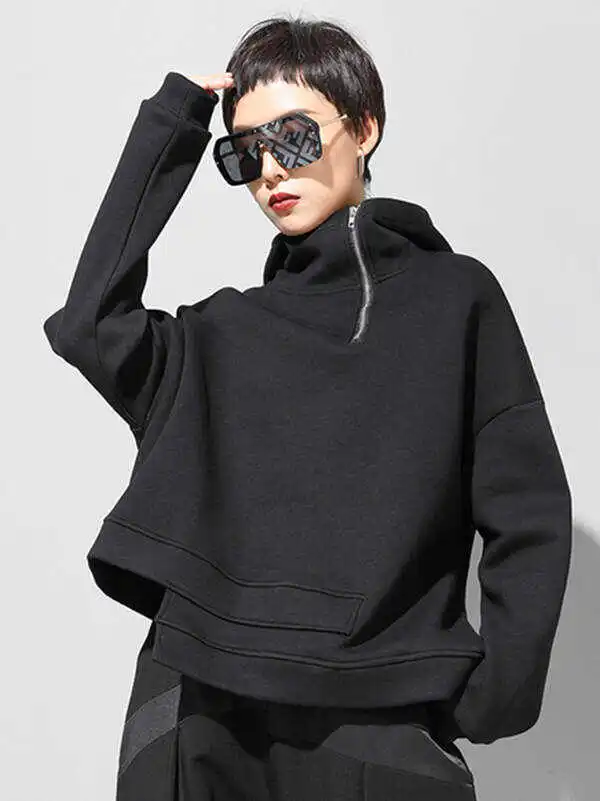 Stylish Black Asymmetric Zipper Hoodies