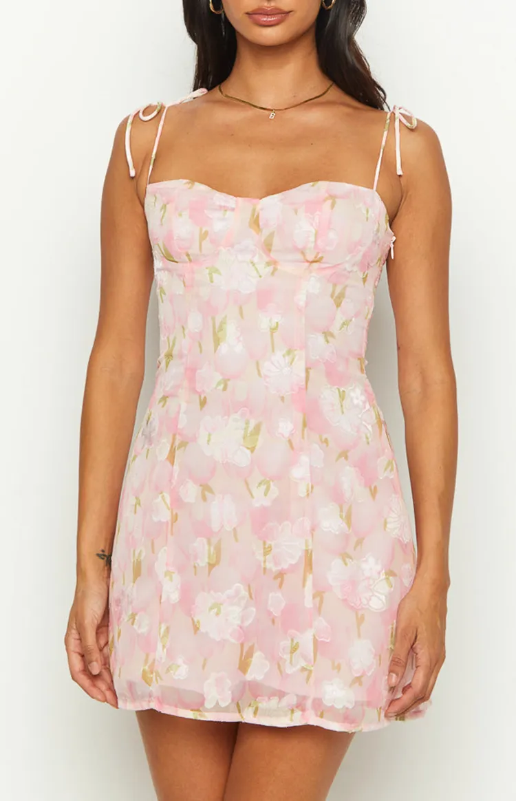 Pink Floral Spaghetti Strap Mini Dress