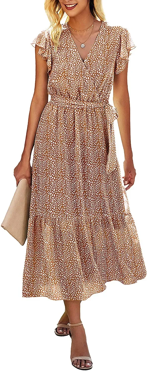 Women Summer Bohemian Floral Casual Wrap V Neck Ruffle Cap Sleeveless Belt A-Line Pleated Hem Swing Midi Sun Dress