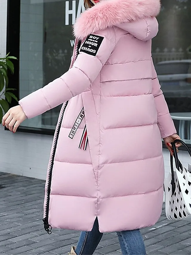 Women's Parka Long Puffer Jacket Winter Coat with Fur Collar Hood Thicken Windproof Warm Jacket Zip up Coat with Pockets Comtemporary Stylish Casual Jacket Long Sleeve Black Pink Army Green