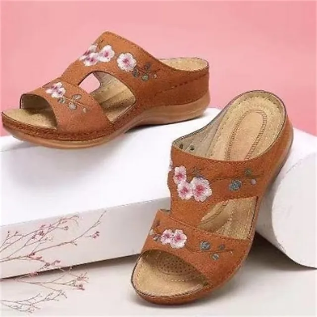 Women's Sandals Wedge Sandals Outdoor Slippers Outdoor Daily Walking Summer Flower Wedge Heel Open Toe Classic Casual Minimalism Faux Leather Loafer Embroidered Black Red Brown