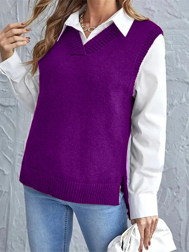 Women's Knitted Pure Color V Neck Sweater