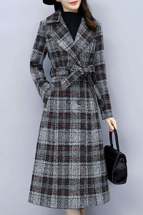 Plaid Front Belt Double Breasted Lapel Coat