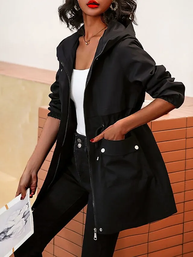 Women's Trench Coat Fall Outdoor Zipper Plain Breathable Streetwear Regular Fit Outerwear Long Sleeve Black M