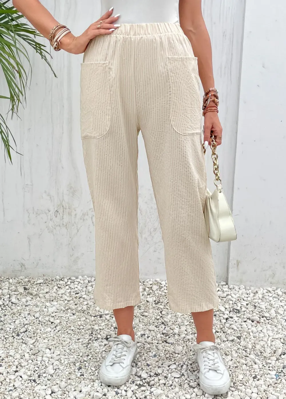 Beige Pocket Elastic Waist High Waisted Pants