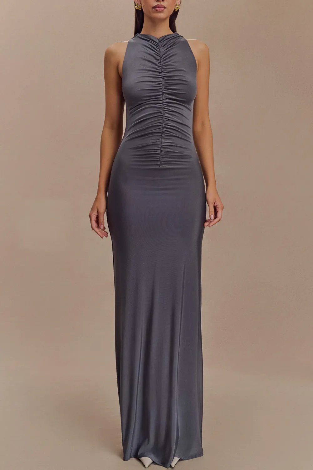 Slinky Ruched Halter Maxi Dress