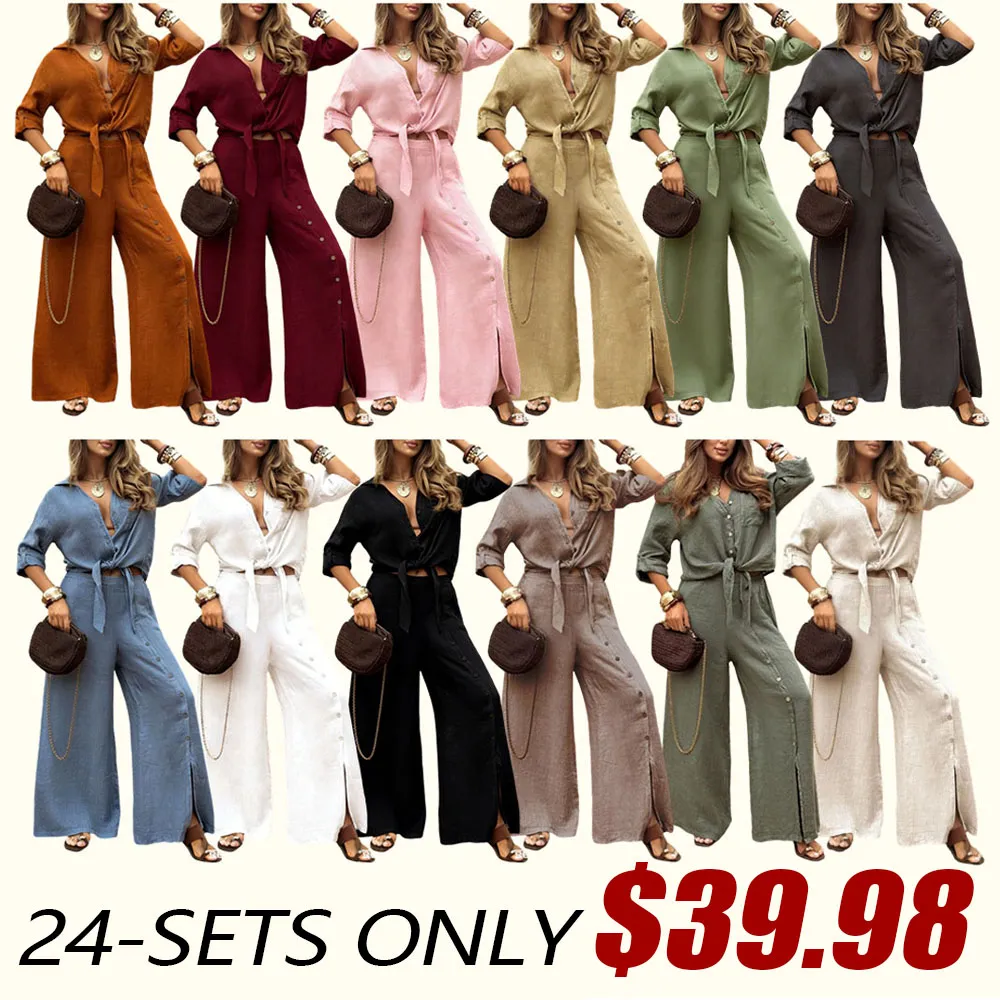 🔥 Women's Loose-Fit Long Sleeve Shirt & Wide Leg Pants Set