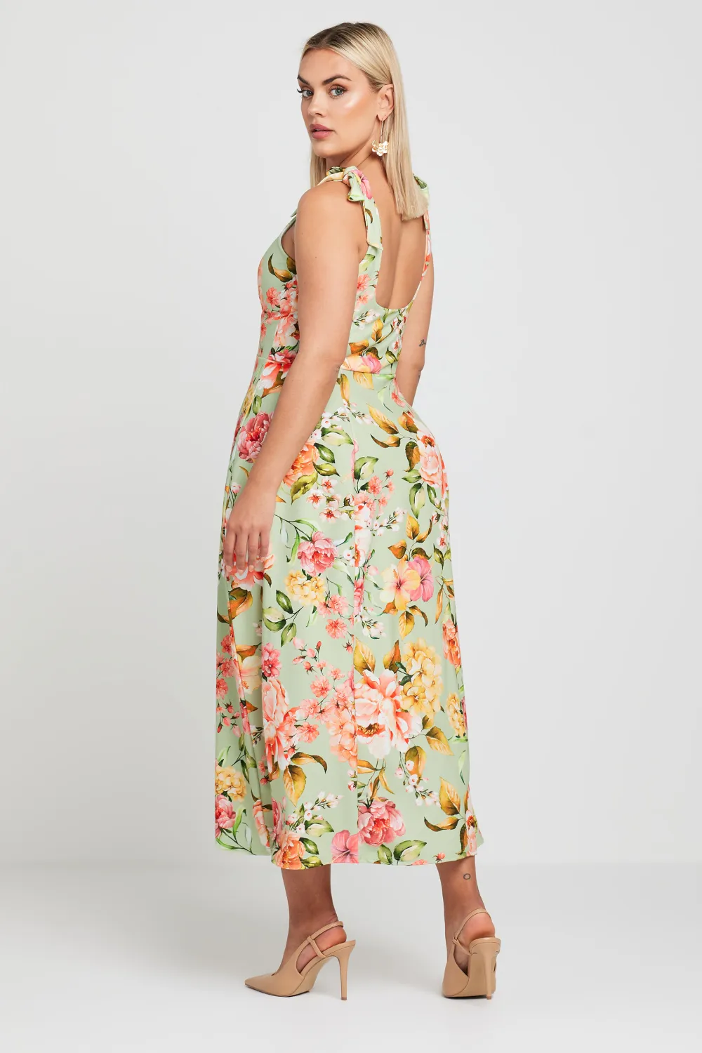 YOURS Curve Green Floral Print Bow Strap Midaxi Dress