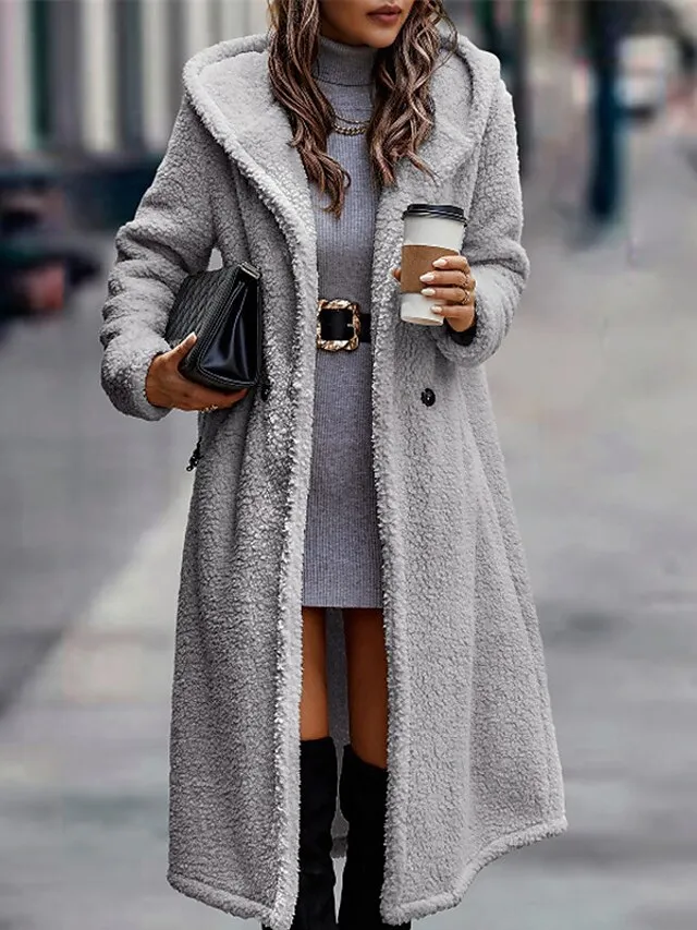 Women's Long Teddy Coat Fall Sherpa Jacket Warm Fleece Daily Going out Button Pocket Buttoned Front Hoodie Casual Solid Color Regular Fit Outerwear Long Sleeve Winter Black Brown Chocolate S M L XL