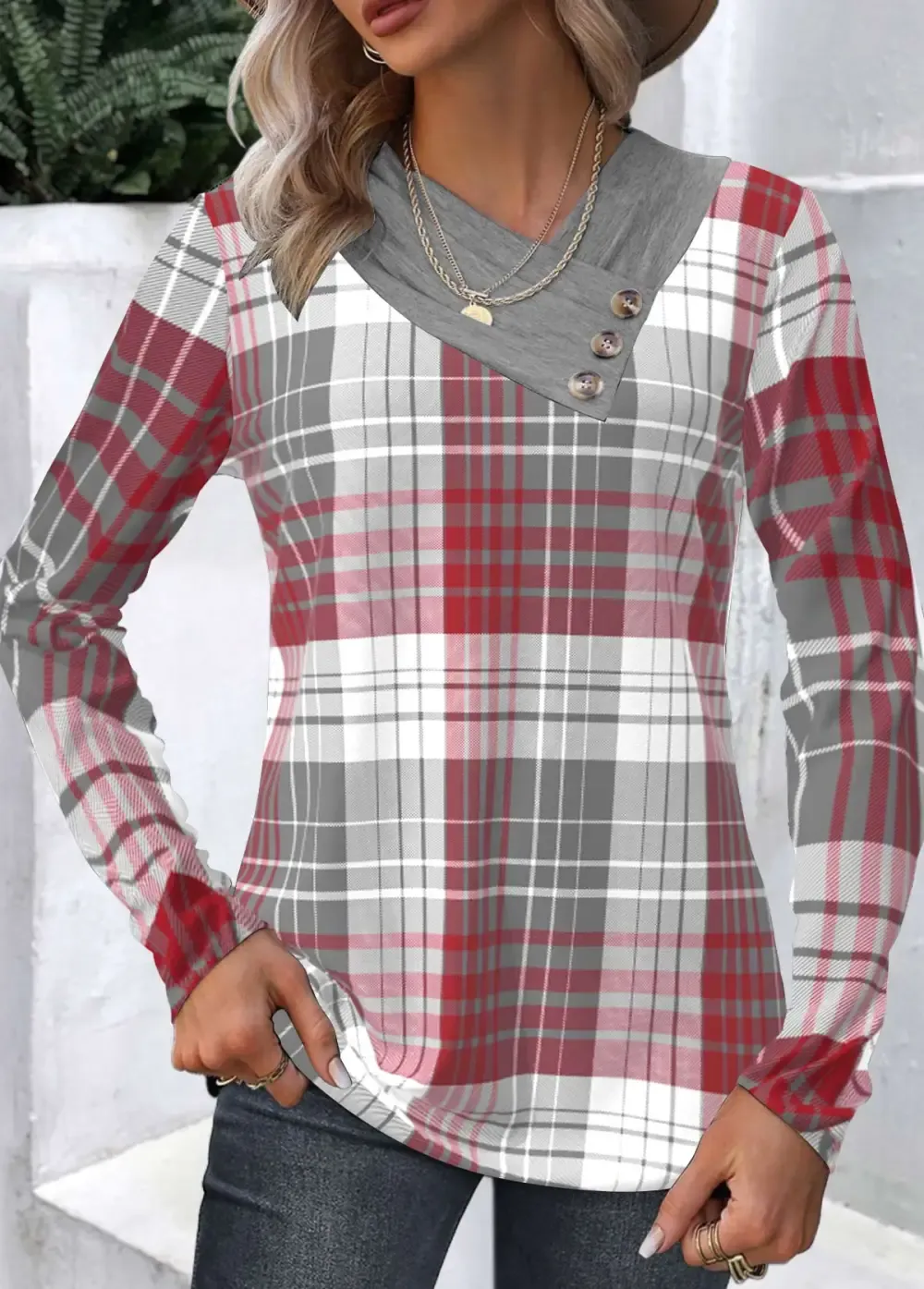 Wine Red Patchwork Plaid Long Sleeve Asymmetrical Neck Sweatshirt