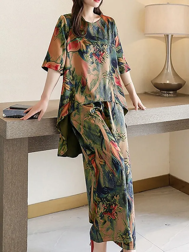 Women's Loungewear Sets Flower Fashion Casual Comfort Street Daily Date Polyester Breathable Crew Neck Short Sleeve T shirt Tee Pant Pocket Summer Spring Light Green Red