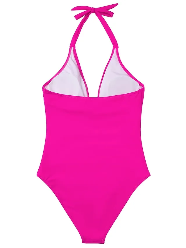 Sexy Deep V-Neck Swimwear for Women Backless Halter Neck One Piece Swimsuit Ruffle Plunge Padded Bathing Suits Cute Beach Wear Solid Colors