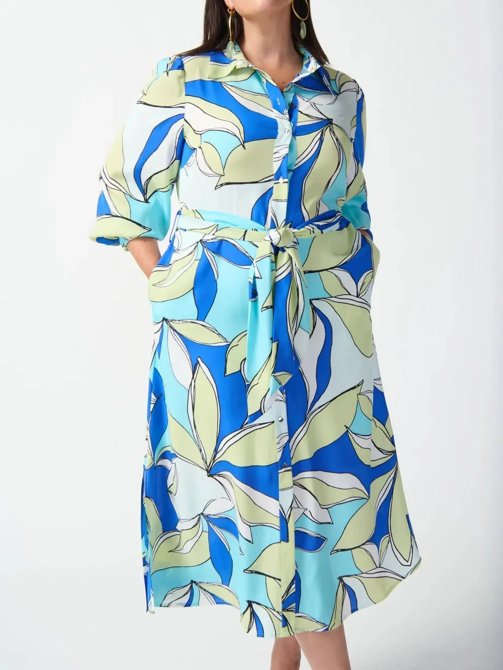 Blue and White Leaf Print Shirt Dress