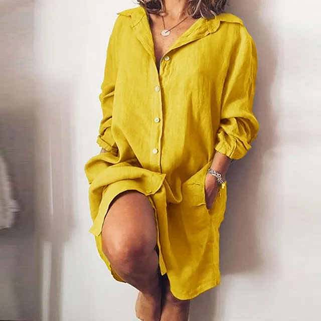 Women's Shirt Dress Casual Dress Cotton Linen Dress Midi Dress Cotton Blend Simple Basic Home Street Daily Shirt Collar Pocket Long Sleeve Summer Spring Fall 2023 Loose Fit Black White Yellow Pure