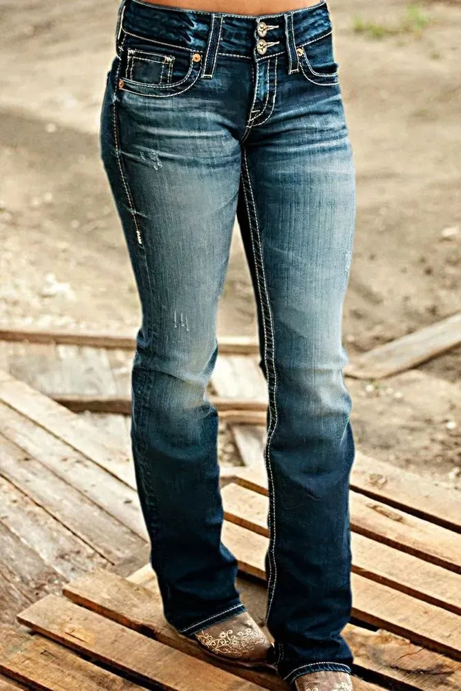 Double Button Mid Waist Bootcut Jeans