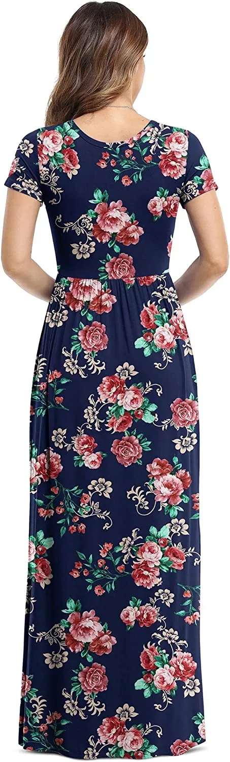 Women's Short Sleeve Loose Plain Maxi Dresses Casual Long Dresses with Pockets