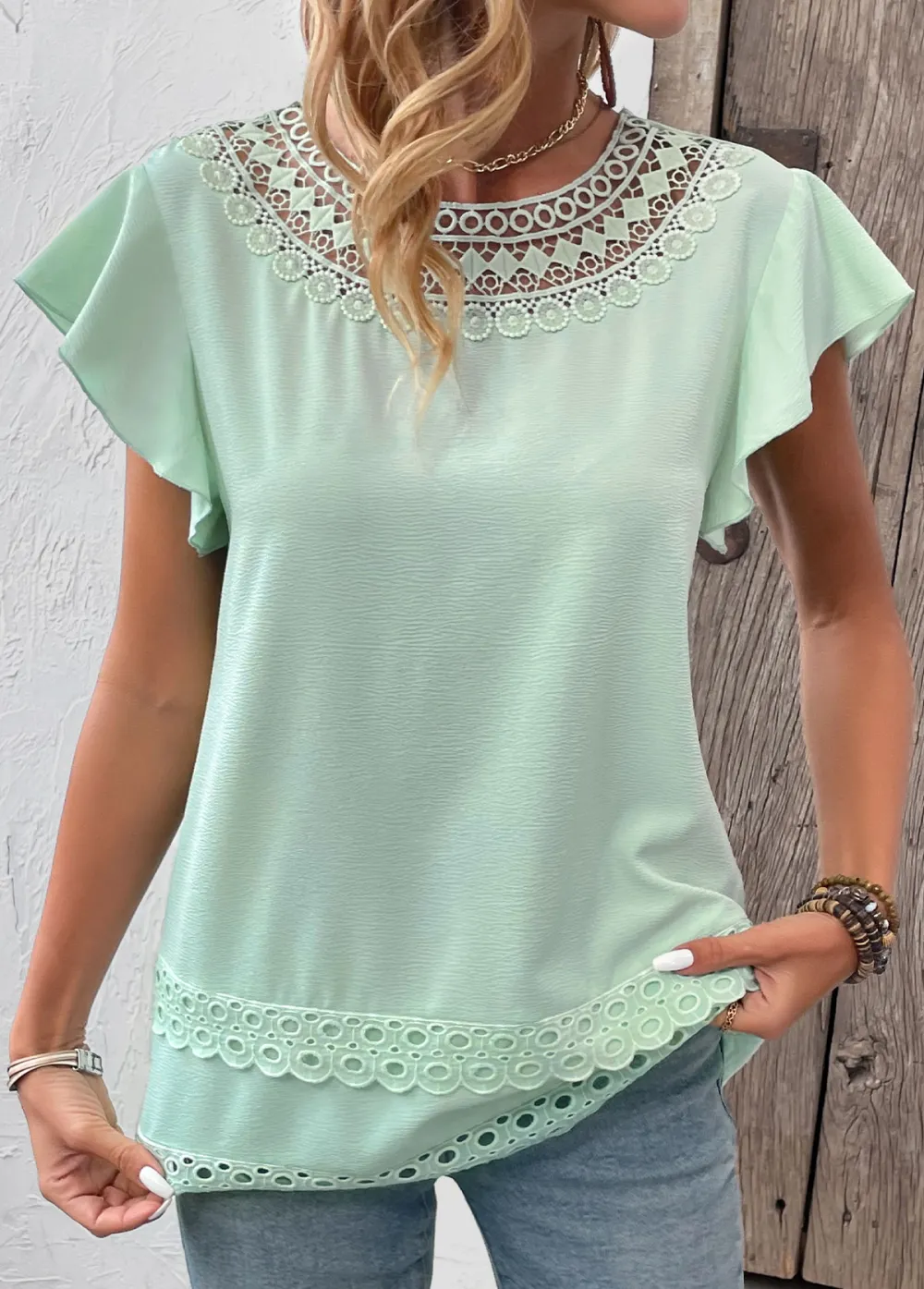 Mint Green Patchwork Short Sleeve Round Neck Blouse