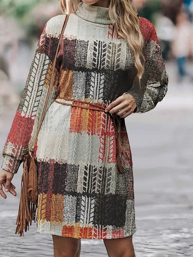 Women's Sweater Dress Knit Dress Jumper Dress Mini Dress Knitwear Warm Vacation Plaid Outdoor Daily Vacation Going out Turtleneck Long Sleeve 2023 Loose Fit Yellow Blue Green S M L XL XXL 3XL