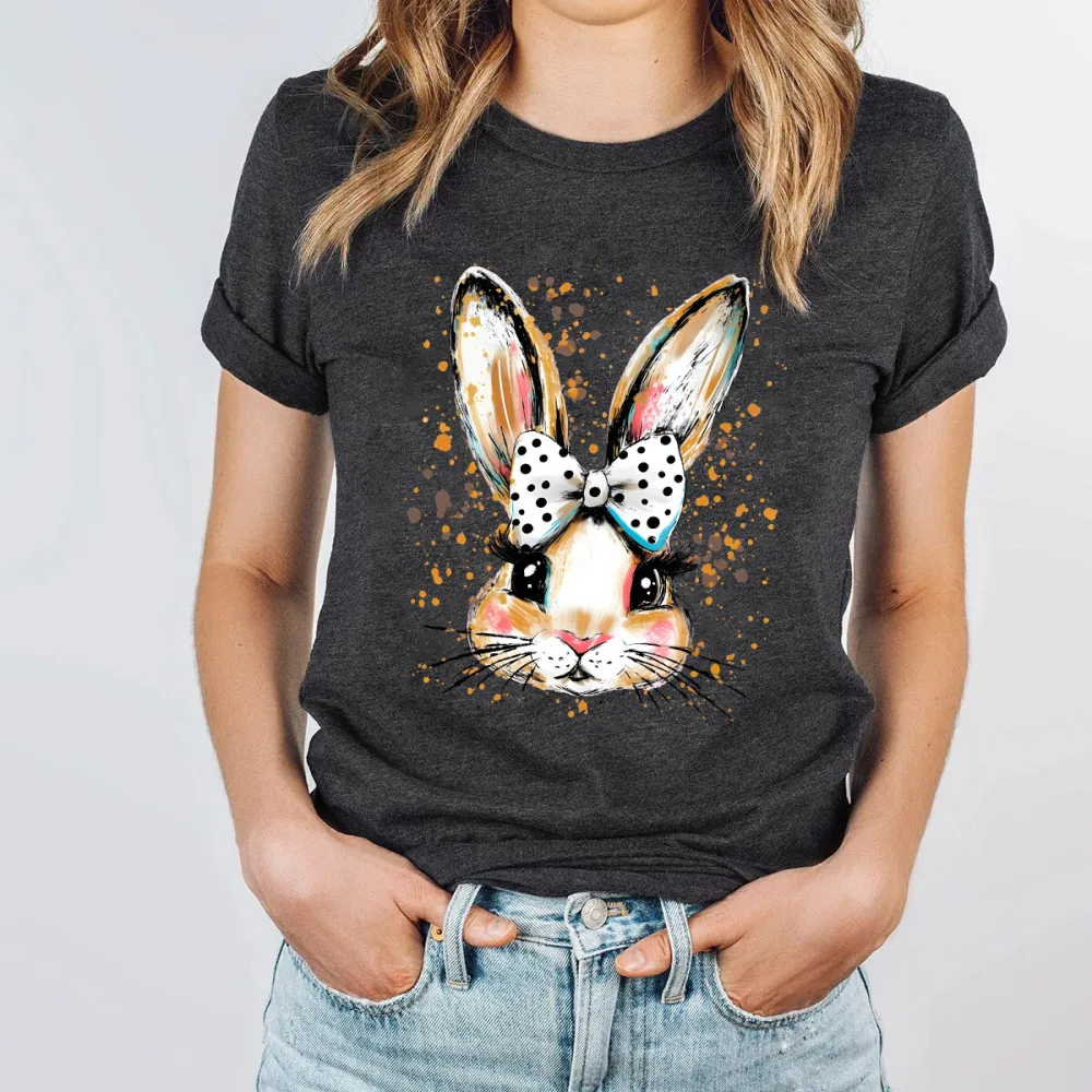 Easter Hand Drawn Bunny Printed Round Neck Short Sleeve T-Shirt