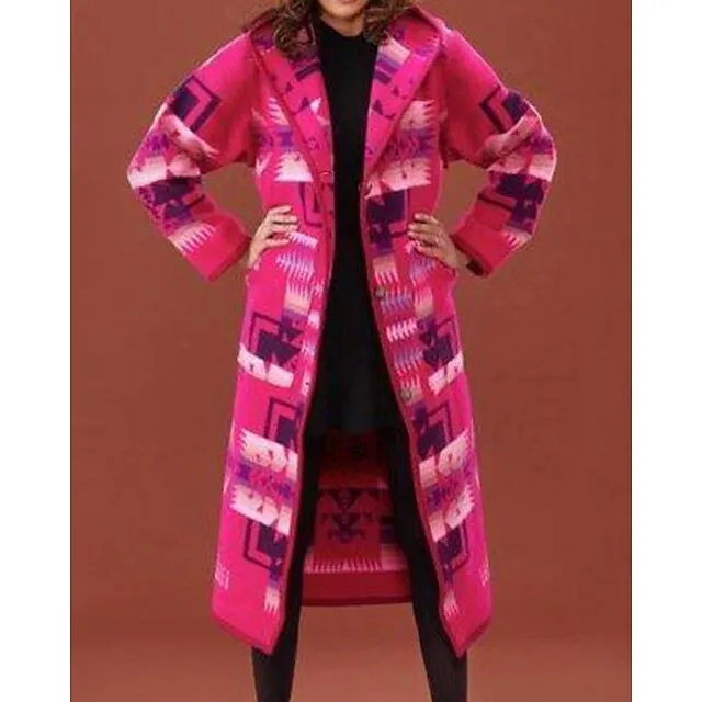 Women's Winter Coat Aztec Print Overcoat Long Coat Warm Heated Hoodie Jacket Long Sleeve Geometric White Black Yellow