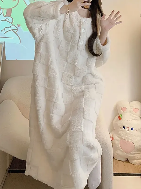 Women's Casual Dress Winter Dress White Dress Midi Dress Button Fleece Home Daily Vacation Fashion Modern Crew Neck Long Sleeve 2023 Loose Fit White Color M L XL 2XL Size