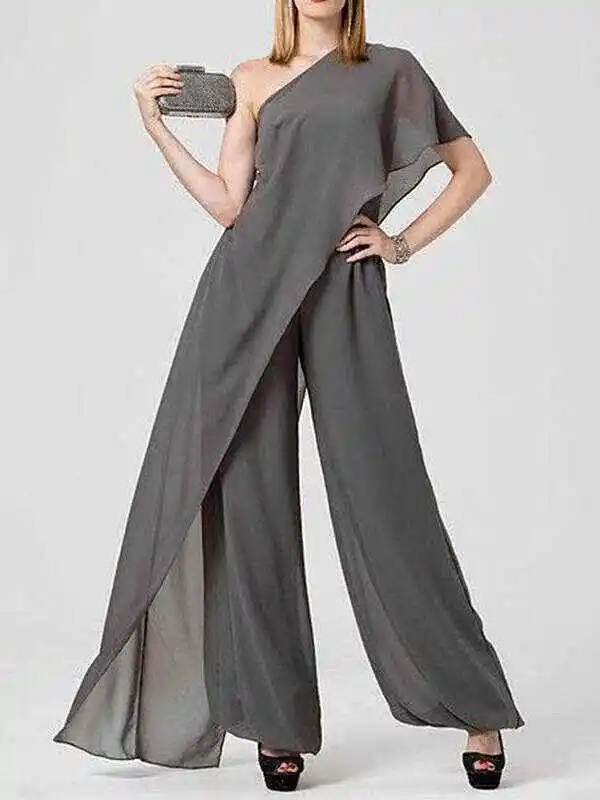 Urban Solid Color Tiered One-Shoulder Jumpsuits