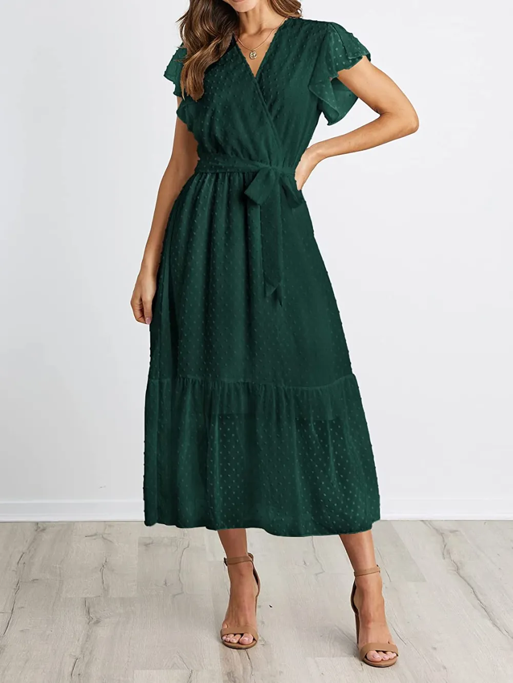 Women Summer Bohemian Floral Casual Wrap V Neck Ruffle Cap Sleeveless Belt A-Line Pleated Hem Swing Midi Sun Dress