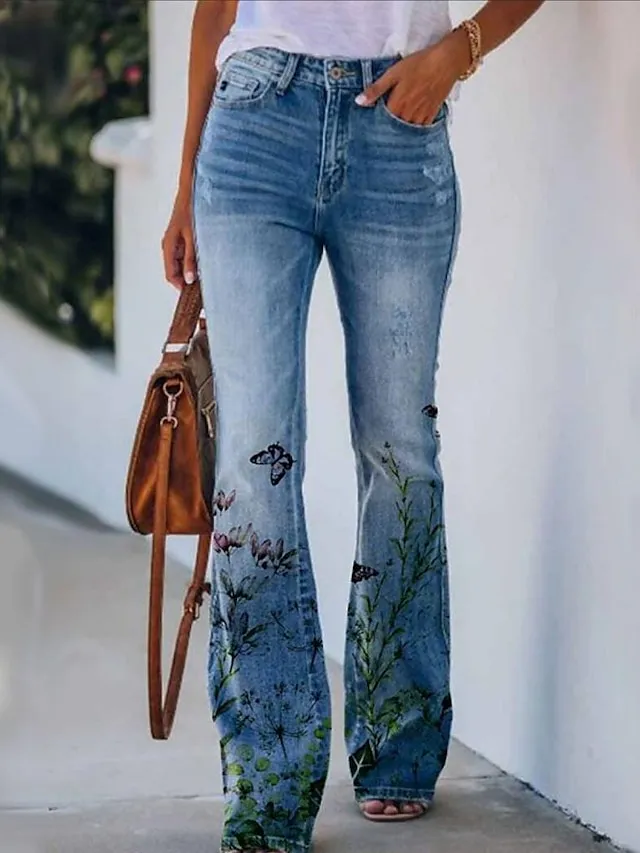 Women's Bootcut Flared Pants Bell Bottom Grey Fashion Casual Daily Full Length Flower / Floral XXL