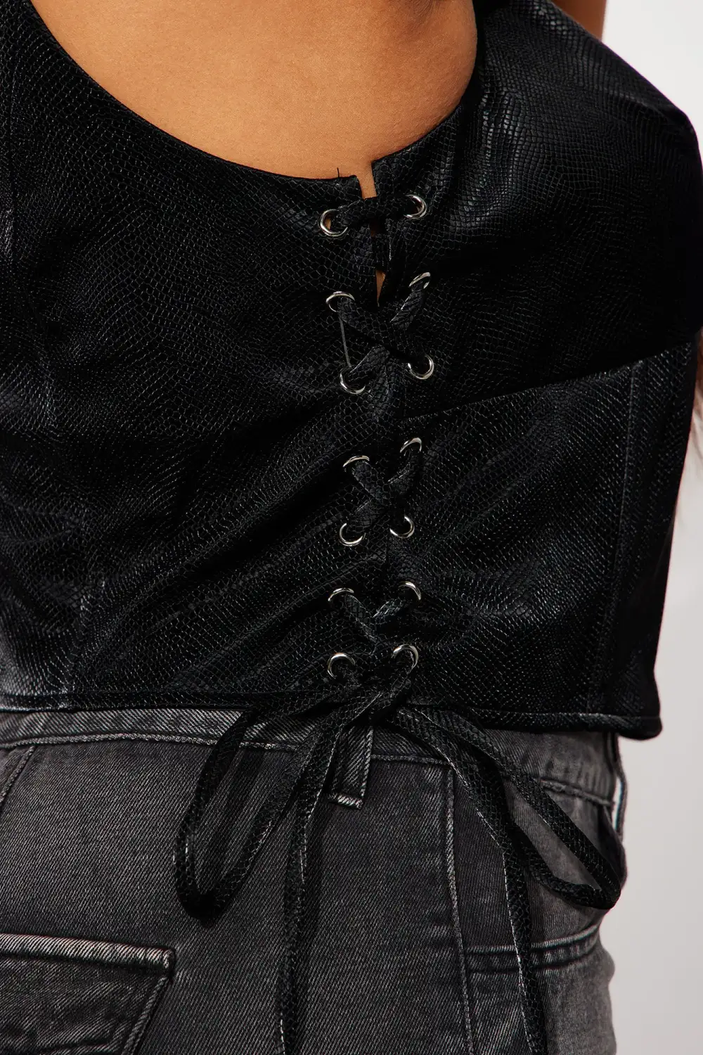 Maebri Faux Leather Corset Top - Black