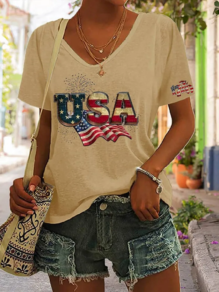 Women'S Short-Sleeved V-Neck T-Shirt With National Flag Pattern Printing