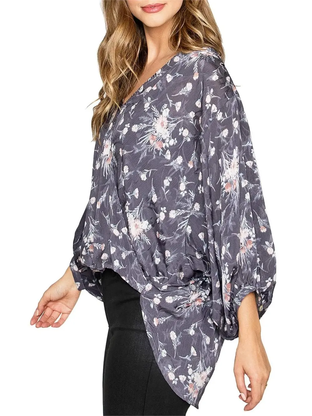 Gray Floral Print Bell - Sleeve Blouse