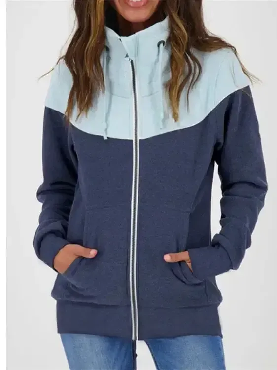 Women Long Sleeve Turtle Neck Cardigan Zipper Stitching Sweatshirts Tops