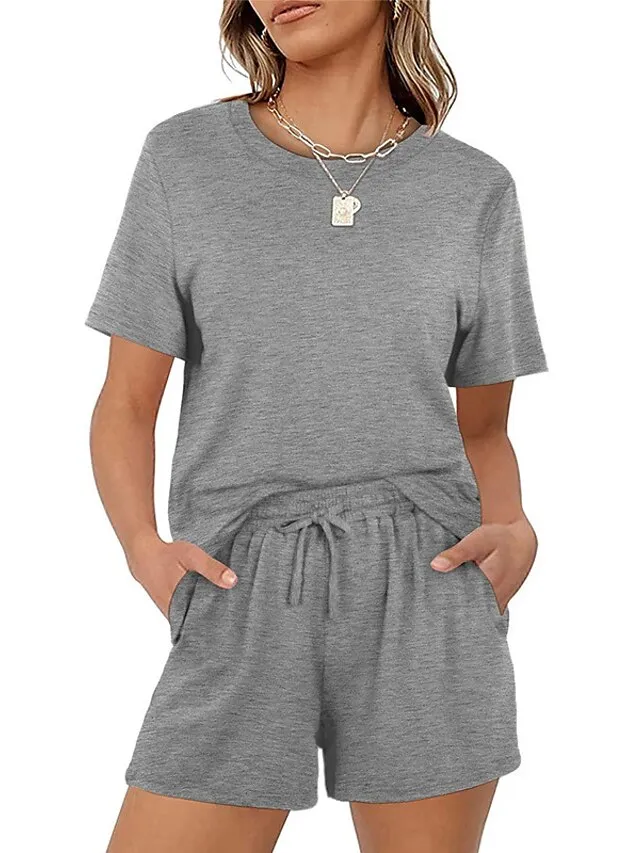 Women's Loungewear Sets Nighty 2 Pieces Pure Color Simple Comfort Home Street Cotton Crew Neck Short Sleeve T shirt Tee Shorts Spring Summer Green Blue