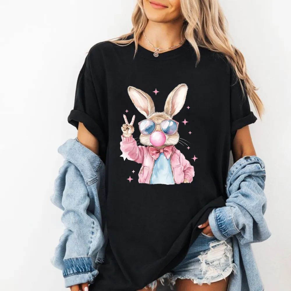 A Cartoon Rabbit Pattern, Wearing Sunglasses, A Pink Jacket And Blue Inner Wear, A Pink Bow Tie, Blowing Bubble Gum In His Mouth, And Making A 