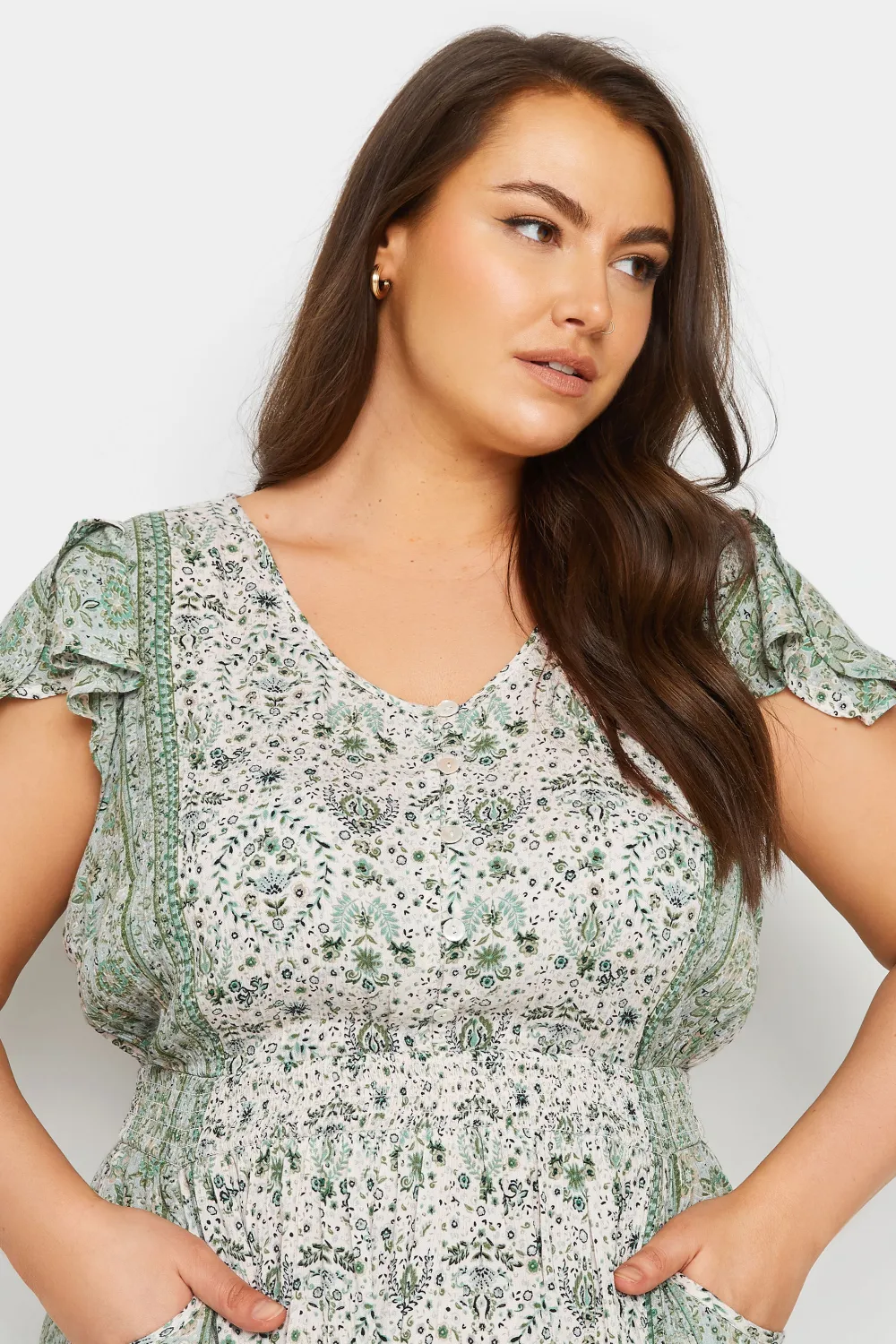 YOURS Curve Green Floral Print Crinkle Maxi Dress