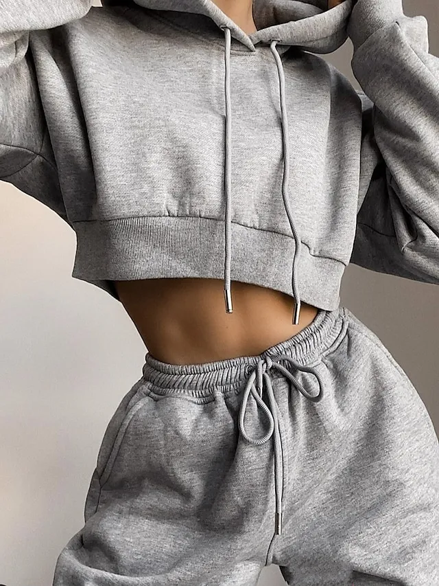 Women's Crop Top Hoodie Tracksuit Pants Sets Solid Color Black White Brown Patchwork Drawstring Long Sleeve Causal Sportswear Hooded Regular Fit Fall & Winter