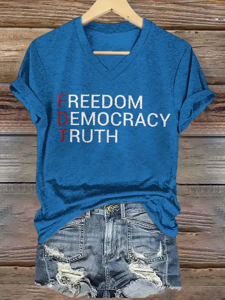 Women's Freedom Democracy Truth Print Short Sleeve V-Neck Cotton T-Shirt