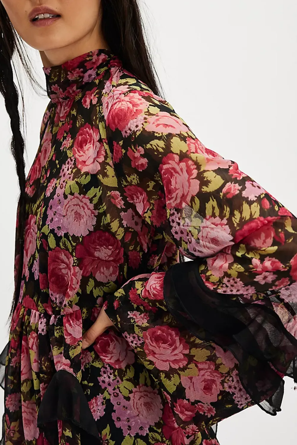 High Neck Lantern Sleeve Floral Mini Dress